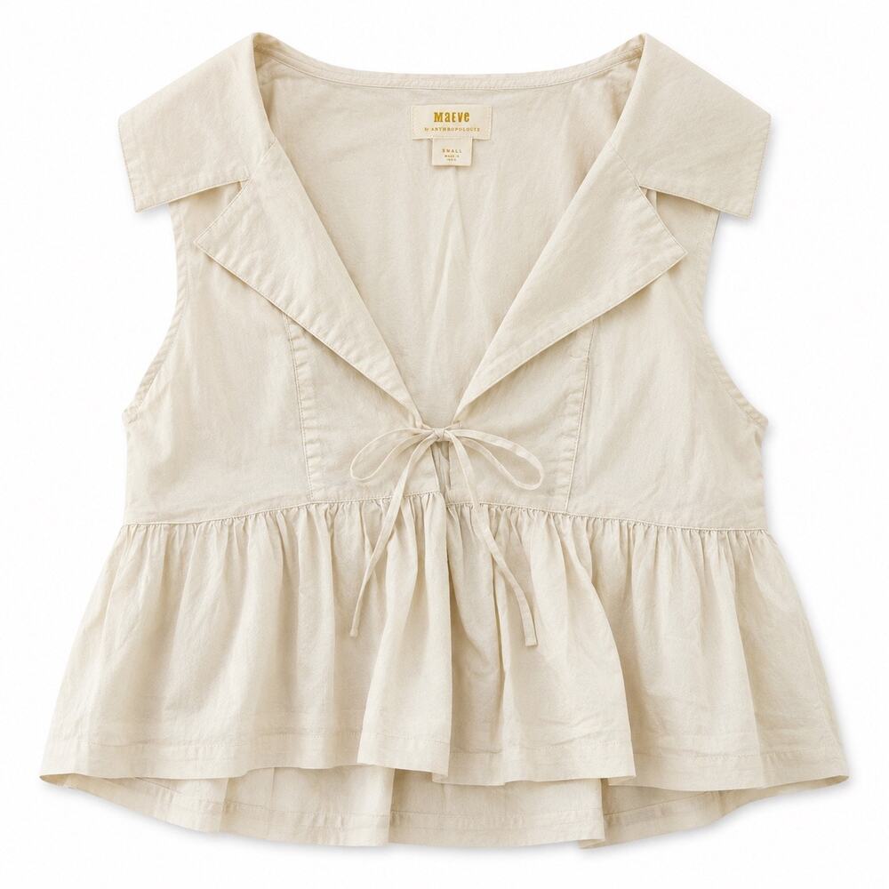 Maeve Anthropologie Peplum Tie Front Top Cream Sleeveless Blouse Size Small